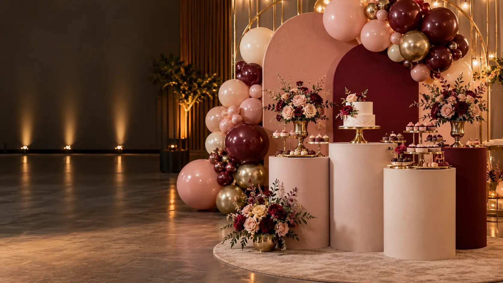 Decoração de festa elegante com painéis, balões, flores e mesas cilíndricas
